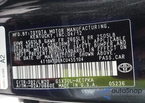 2012 Toyota Avalon Limited z USA, uszkodzony, nr VIN 4T1BK3DB4CU455104